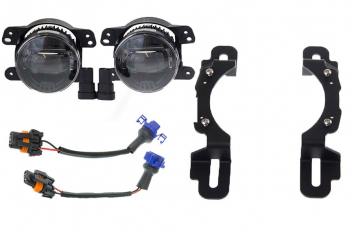 Morimoto XB Hard Rock LED Fog Light Kit Components ; Shown with Optional Plug-N-Play Harnesses